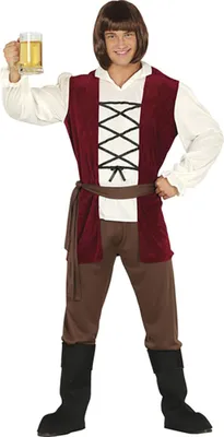 A man in a medieval-style costume holding a mug of beer.
