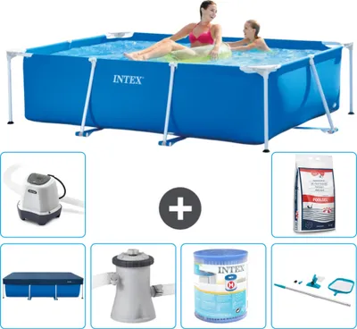 Produktbild von Intex-Schwimmbecken mit rechteckigem Rahmen – 220 x 150 x 60 cm – Blau – im Lieferumfang enthalten Abdeckung - Filterpumpe für Schwimmbad - Filter - Reinigungskit - Salzwassersystem - Poolsalz