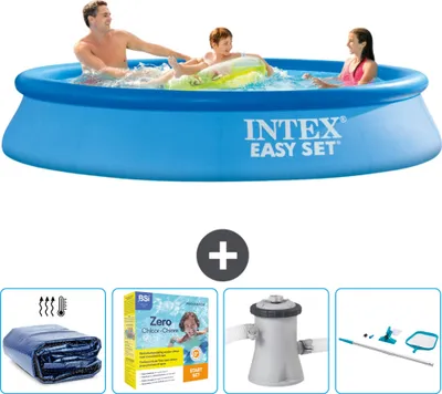 Produktbild von Intex runder aufblasbarer Easy Set-Pool – 305 x 61 cm – Blau – im Lieferumfang enthalten Sonnensegel - Wartungspaket - Filterpumpe für Schwimmbad - Reinigungskit