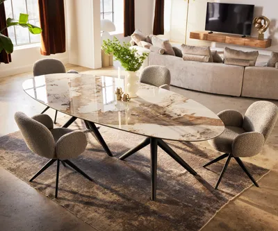 Produktbild von DELIFE Esstisch Edge Oval 280x130 Keramik Minas Melange Weiß-Beige Estelar rund Metall Schwarz