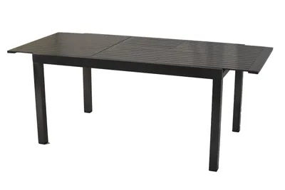 A black rectangular table with a slatted surface and four legs, shown against a white background.