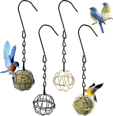 Produktbild von Meisenknödel-Vogelfutterstation mit Haken, 4 x Bälle, Talg-Futterspender, kleiner Metall-Futterspender zum Aufhängen, für den Außenbereich, Garten, Wildtiere, Vögel, Finken, Spatz