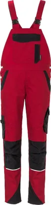 A red and black bib overall pants.