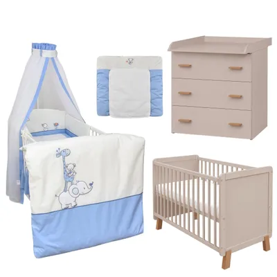 Produktbild von Baby-Delux Babyzimmer Babybett Wickelkommode umbaubar Schutzgitter 60x120 Lou Kaschmir Bettwäsche Komplett Set Zirkus Blau