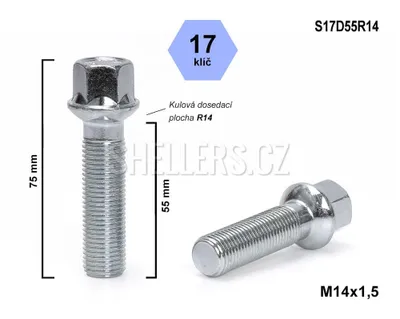Obrázok produktu pre Skrutka kolesa M14x1,5x55 guľa R14, kľúč 17, S17D55R14, výška 75 mm