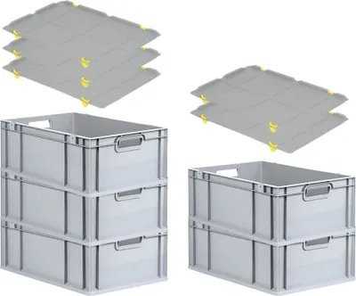 Produktbild von SparSet 5x Eurobox NextGen Economy mit Auflagedeckel und 4x Schiebeschnappverschlüsse Gelb | Griffe offen | HxBxT 22x40x60cm | 44 Liter | Eurobehälter, Transportbox, Transportbehälter, Stapelbehälter