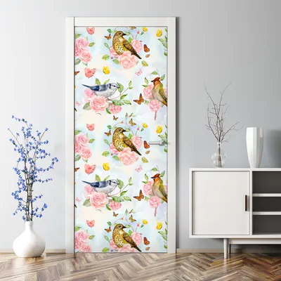 Produktbild von Dekorative selbstklebend Klebefolie Türtapete Türaufkleber Aufkleber Vögel und Rosa Rosen 85 x 200 cm