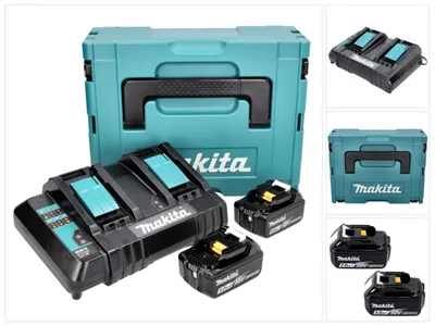 Immagine prodotto di Kit di alimentazione Makita 18 V con 2x batteria BL 1850 B 5,0 Ah ( 197280-8 ) + caricabatterie doppio DC 18 SH ( 199687-4 ) + Makpac
