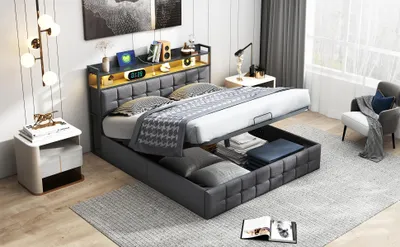 Obrázok produktu pre Čalúnená manželská posteľ 140 x 190 cm s funkciou hydraulického nastavenia, pripojením USB a osvetlením LED, s lamelovým roštom, sivá