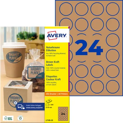 Produktbild von Avery Zweckform L7105-25, Naturbraune Etiketten, A4, ? 40 mm, 600 Etiketten / 25 Bögen, naturbraun