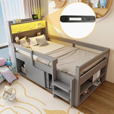 Produktbild von okwish Einzelbett 90×200 Schrank mit Schiebetüren, Kinderbett mit USB und LED-Beleuchtung, Holzbett Grau,ohne Matratze