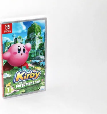 A Nintendo Switch game case for Kirby and the Forgotten Land, shown at an angle against a white background.