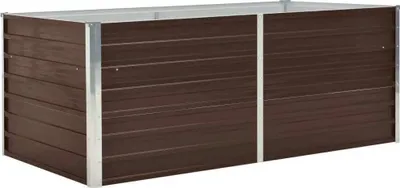 A brown metal raised garden bed with silver metal corner supports, shown from a three-quarter angle against a white background.