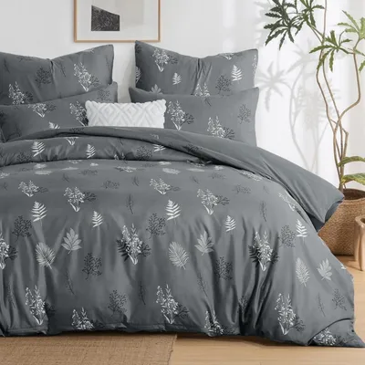 Immagine prodotto di Set di lenzuola matrimoniali 200x200 cm, 3 pezzi, in microfibra, motivo floreale, colore grigio, con cerniera, ÖKO-TEX