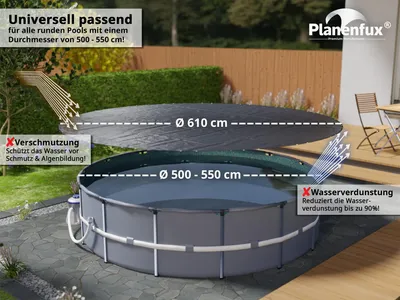 Produktbild von Schwimmbadabdeckplane, rund, 610 cm Durchmesser - 200 g/m² PE - Wasserdicht - Für Sommer und Winter