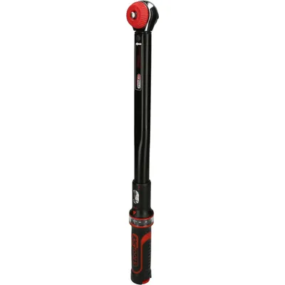 A black and red torque wrench is shown against a white background.