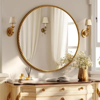 Produktbild von Runder Wandspiegel 80 cm PolyurethanPerlenrahmen Gold Badspiegel zum Aufhängen oder Anlehnen