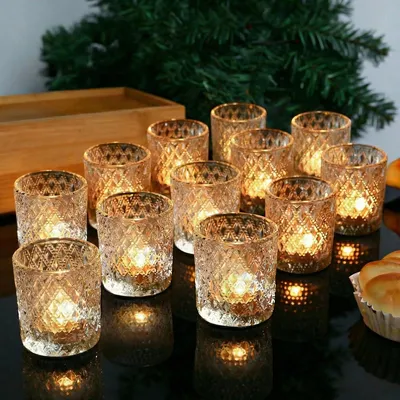 Produktbild von 12 Stück Teelichtgläser Vintage - Windlicht Glas (Ø5,5cm X H 6,5cm)