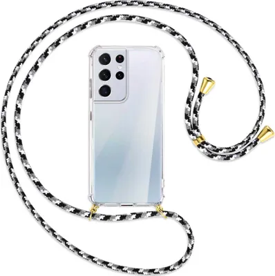 Produktbild von Handykette Backcover-Schutzhülle mit Band (Metall goldfarben) für Samsung Galaxy S21 Ultra 5G - schwarz/grau/weiß