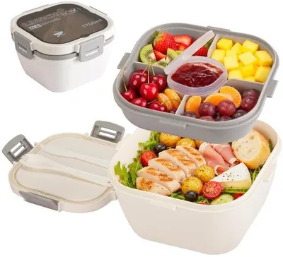 Produktbild von Unyqoos® 1700 ml Lunchbox – auslaufsichere Bento-Box mit 3 Fächern & Soßendose, inkl. Besteck, 4 Verschlussclips & Silikondichtung, BPA‑frei, mikrowellen‑ & kühlschrankgeeignet, für Arbeit & Schule