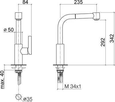 Technical drawing of a faucet with dimensions.