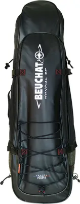 A black backpack for diving equipment against a white background.