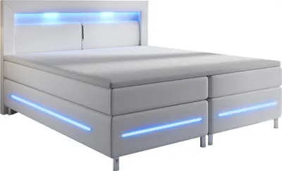 Produktbild von Juskys Boxspringbett Norfolk 200 x 200 cm – LED Beleuchtung, Bonell-Matratzen, Topper & Kunstleder – 66 cm Komforthöhe – Weiß – Bett Doppelbett
