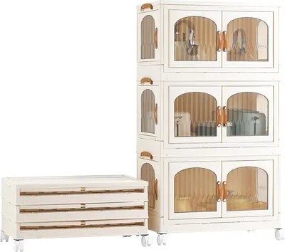 Produktbild von Set von 3 Aufbewahrungsboxen mit Deckel 174L Stapelbare Faltbare Kunststoff PP Aufbewahrungskorb mit Rollen für Schlafzimmer, Badezimmer, Küche, Büro, Wohnzimmer (weiß)