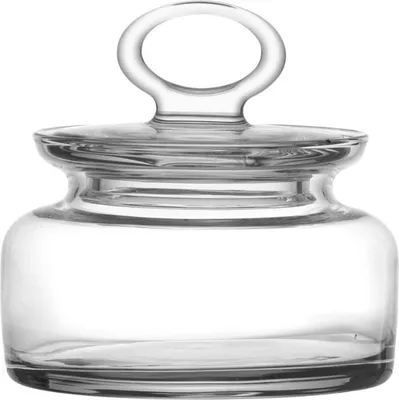 A clear studio shot of a glass jar with a lid.