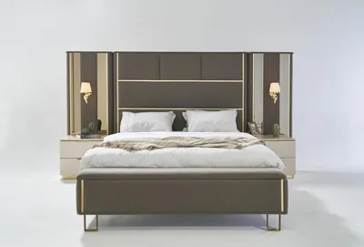 Produktbild von Bett Doppelbett 2x Nachttische Holz Design Betten Schlafzimmer Polster 3 tlg Set