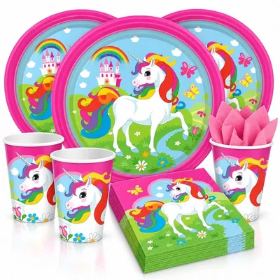 Produktbild von Einhorn Teller Becher Servietten Partyset für 8 Kinder