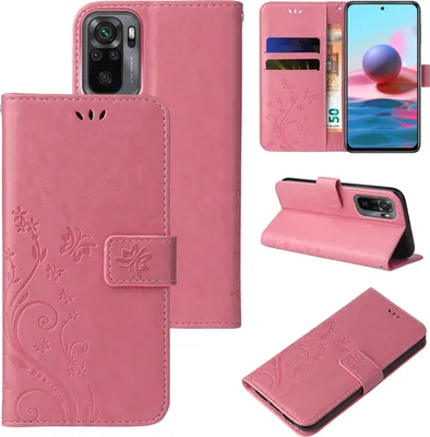 A collage of images showing a pink floral flip phone case for a Xiaomi Redmi Note 10.