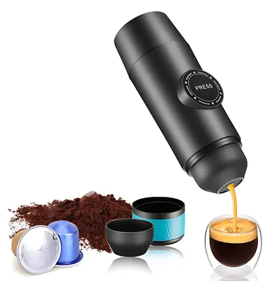 Obrázok produktu pre Prenosný elektrický espressovač, bezdrôtové ohrevné teleso, minikávovar na dve porcie, s nádobou 2 v 1 na mletú kávu/kapsule, tlak čerpadla 15 barov, automatický proces prípravy, vstavaná batéria s kapacitou 2000 mAh