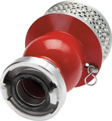A close-up studio shot of a red and silver suction basket with a check valve and drain.