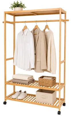 Immagine prodotto di Portaabiti Relaxdays con ruote, in bambù, con asta appendiabiti, 3 ripiani, dimensioni: 160 x 100 x 35 cm, appendiabiti mobile, colore naturale