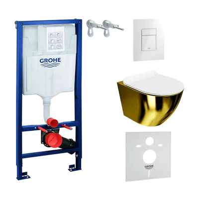 Produktbild von GROHE Vorwandelement Solido + Wand Hänge WC Sofi Slim Gold/Weiß Spülrandlos + WC-Sitz SoftClose | Glänzend Weiß Knopf | Komplettset | Unterputz Spülkasten |  Toilette Komplett Sett