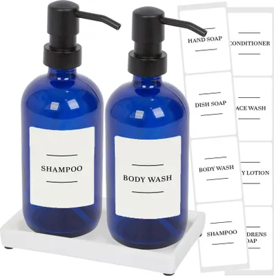 Produktbild von Harbor Housewares 2-teiliges Seifenspender-Set aus Glas mit Keramikschale und Etiketten – 500 ml – Blau/Weiß