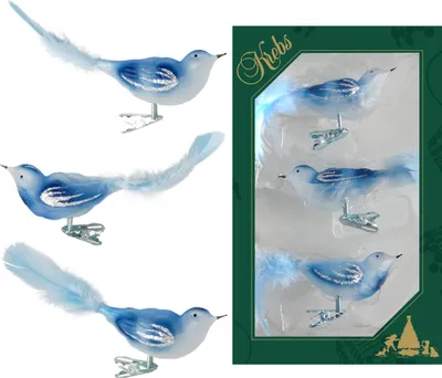 Produktbild von Krebs Glas Lauscha Weihnachtsbaumschmuck 3er Set - Vögel Blau auf Clip - aus Glas - ca. 11 cm