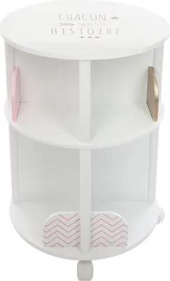A white, round, multi-tiered bookshelf for children's books, with pink and gold accents.