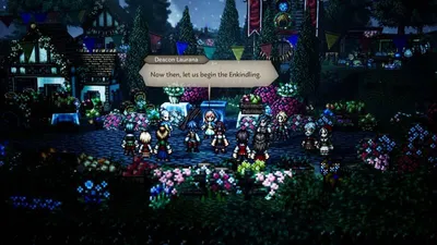 A scene from a video game with multiple characters gathered in a town square at night, with a dialogue box present.