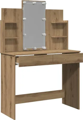 A vanity table with a mirror and shelves.