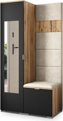 Produktbild von Masseno Garderobe-Set VIRA 95/181/51 cm Modern Garderobenschrank Eiche Wotan, Veloursstoff MONOLITH 04 (Beige)