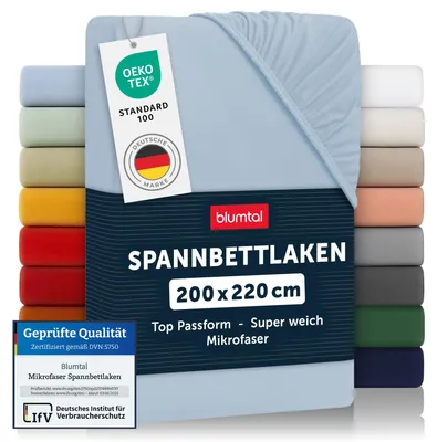 Produktbild von Blumtal Mikrofaser Spannbettlaken 200x220 cm – Atmungsaktives Mikrofaser Bettlaken in Hellblau – Spannbetttuch für einen erholsamen Schlaf
