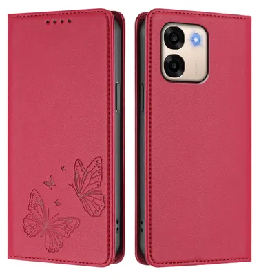 Image de Étui en cuir pour Oppo A6 / Oppo A6X 5G, étui de protection type portefeuille en cuir gaufré « papillon » avec support, rouge