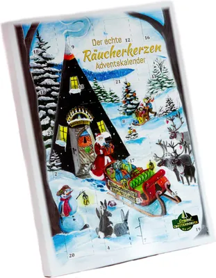 A Christmas advent calendar with a winter scene, Santa Claus, reindeer, and a snowman.