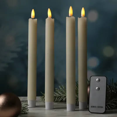 LED Stabkerzen Flamme - Echtwachs - flackernde 3D Flamme - H: 24cm - Fernbedienung - creme - 4er Set