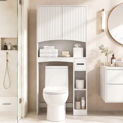 Produktbild von Toilettenschrank über dem WC, ALIGHTUP, 2 Lamellentüren, 2 Einlegeböden, seitliche Ablage, 80 x 22 x 170 cm, Weiß