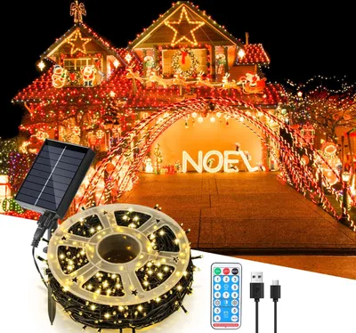 Zdjęcie produktu dla Łańcuch świetlny LED zasilany energią słoneczną, 30 metrów, 300 diod LED, do użytku wewnątrz i na zewnątrz, 8 trybów, idealny do dekoracji ogrodu, balkonu, na imprezy, na Boże Narodzenie, światło ciepłobiałe