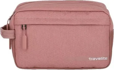 A pink toiletry bag with a zipper and a handle.