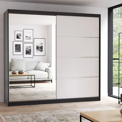 Produktbild von Schwebetürenschrank Kleiderschrank Schrank 203 cm Schwarz/Weiss mit Spiegel und LED Multi 42